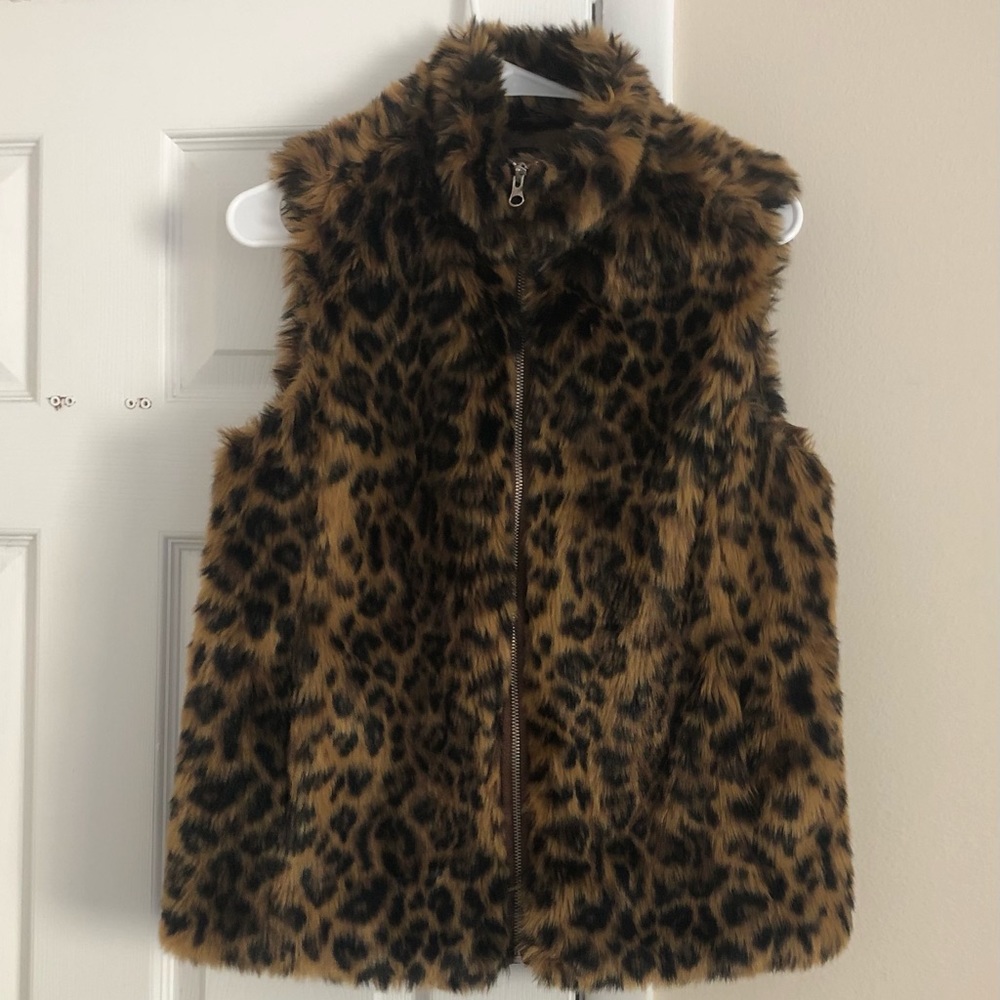 J. Crew Faux Fur Leopard Print High Collar Zip-Up Vest, Size XS